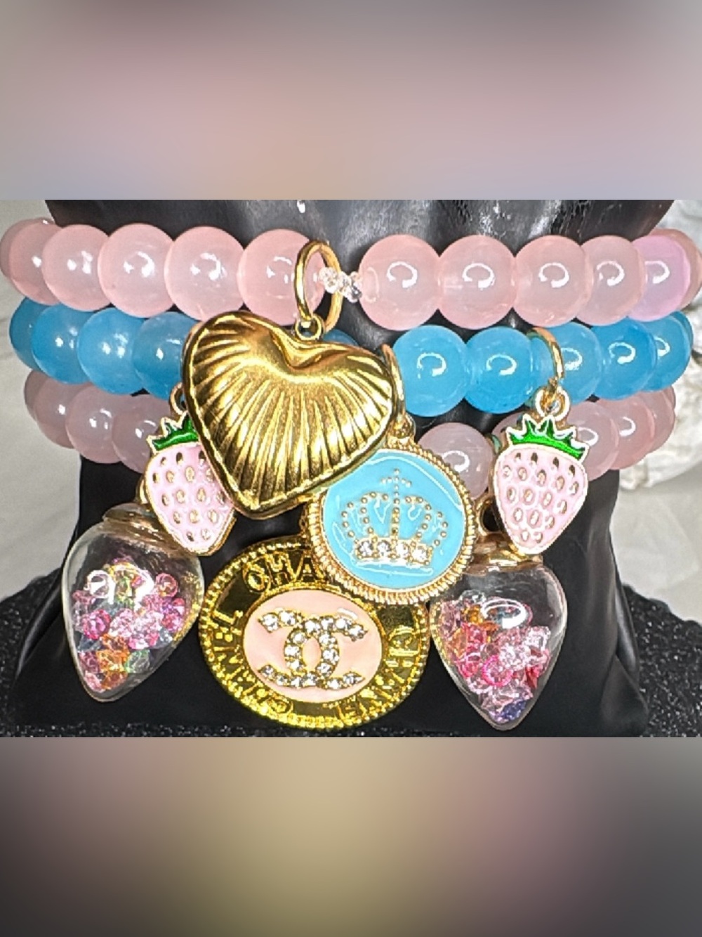 Luxury Junky bracelets Gold Charm with Pink and Blue Accents